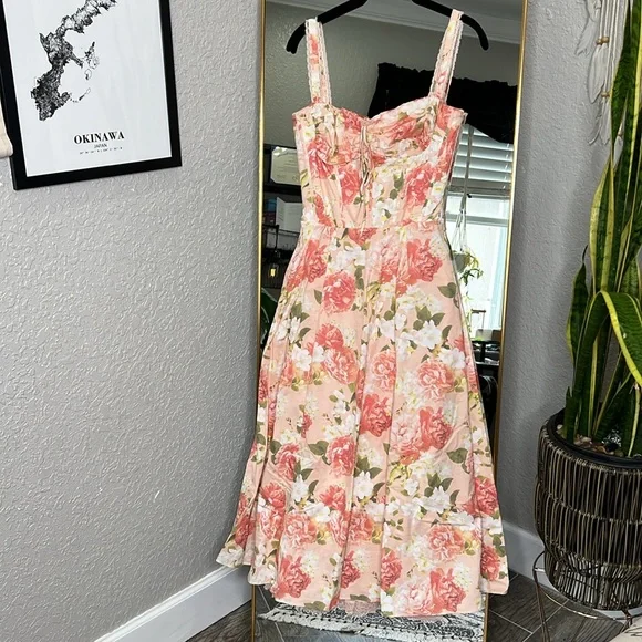 House of CB 'Rosalee' Pink Peony Print Cotton Bustier Sundress NWOT